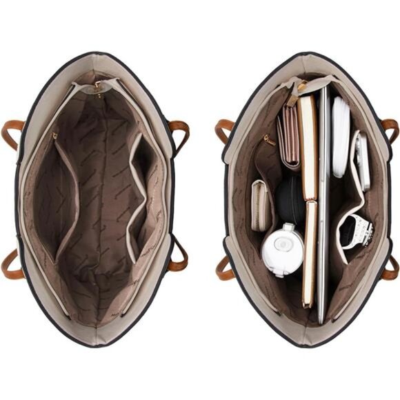 Montana West Medium Tote Bag Brown & Beige Vegan Leather Top Handle Satchel - Picture 7 of 8